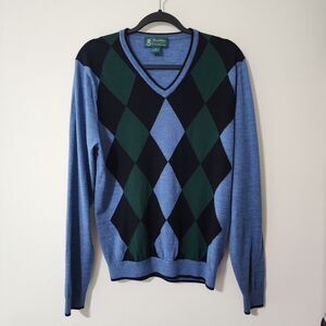 Brooks Brothers St Andrews Links Golf Mens Saxxon Wool Pullover Blue Argyle Sz M